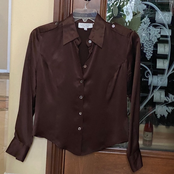Laundry by Shelli Segal Chocolate Brown Silk Blouse Sz Sm/Med - Picture 1 of 13